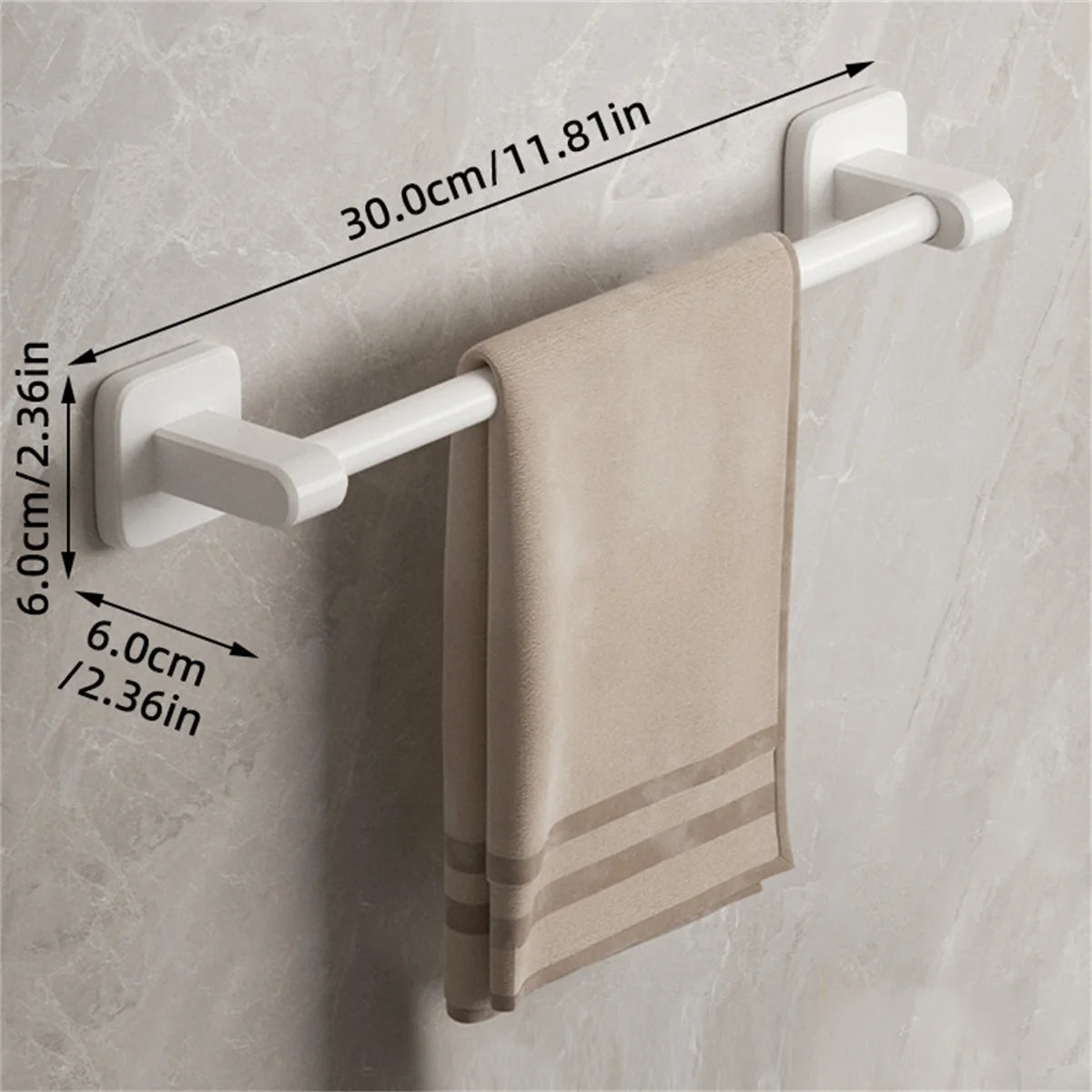 Gray and white self-adhesive double towel bar from FanzyMarket, no-drill bathroom towel rack with two bars for convenient towel storage.