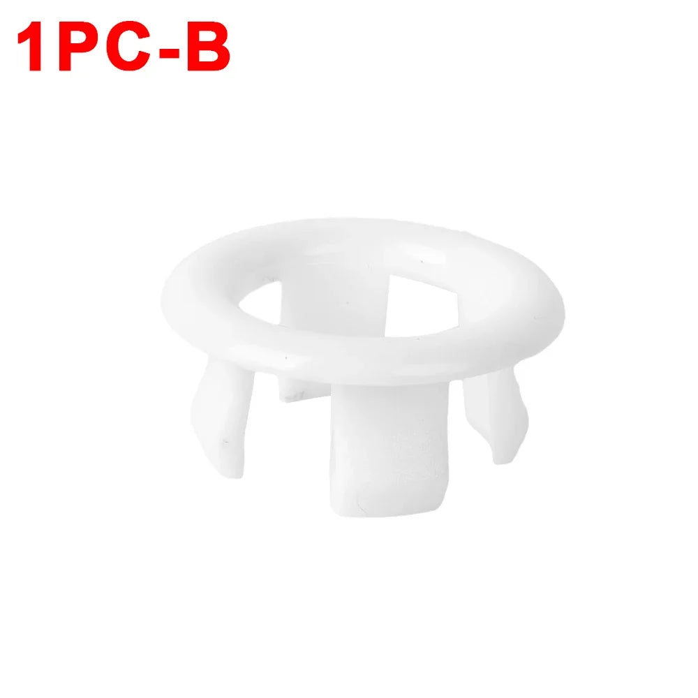 Set of four white plastic sink overflow ring covers for bathroom and kitchen, fitting 22-24mm and 47-48mm overflow holes.