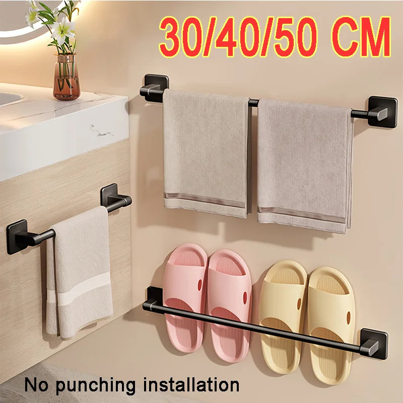 FanzyMarket black aluminum no-drill bathroom towel rack with single bar and hooks, 20-24 inches, adhesive wall-mounted.