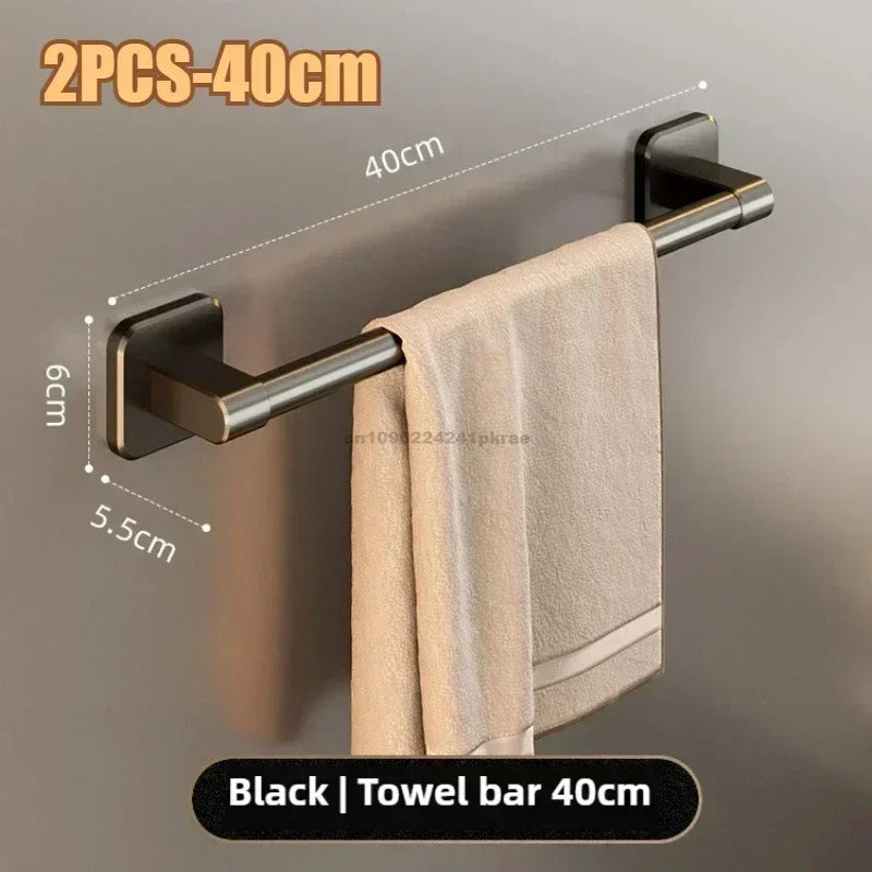 Six aluminum wall towel rack hooks with polished finish, self-adhesive no-drill design for bathroom and home use.