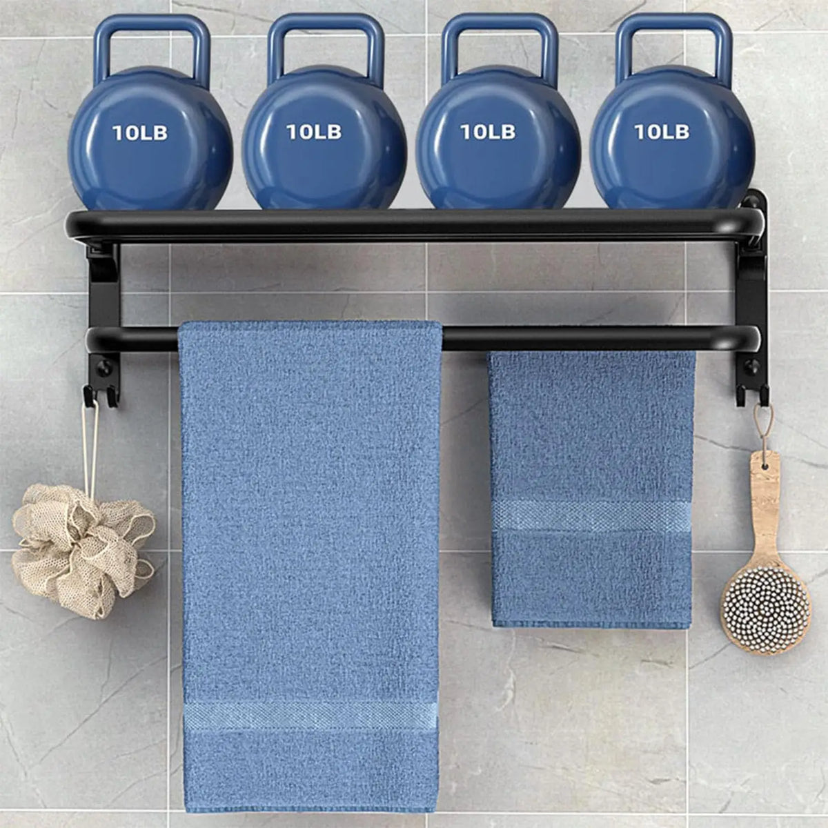 Matte black 50cm folding wall-mount aluminum towel rack with double bars and hook, ideal for bathroom storage and organization.
