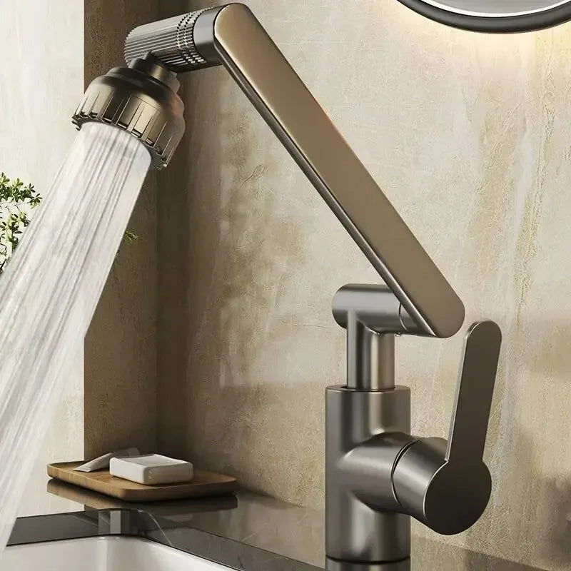 Universal rotating dual-mode single-handle faucet for kitchen and bathroom sink with hot and cold mixer.