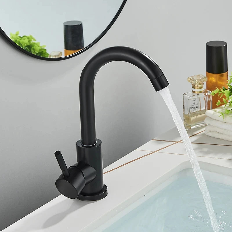 FanzyMarket 304 stainless steel bathroom basin faucet with single lever, 360° swivel, hot and cold water options, modern design