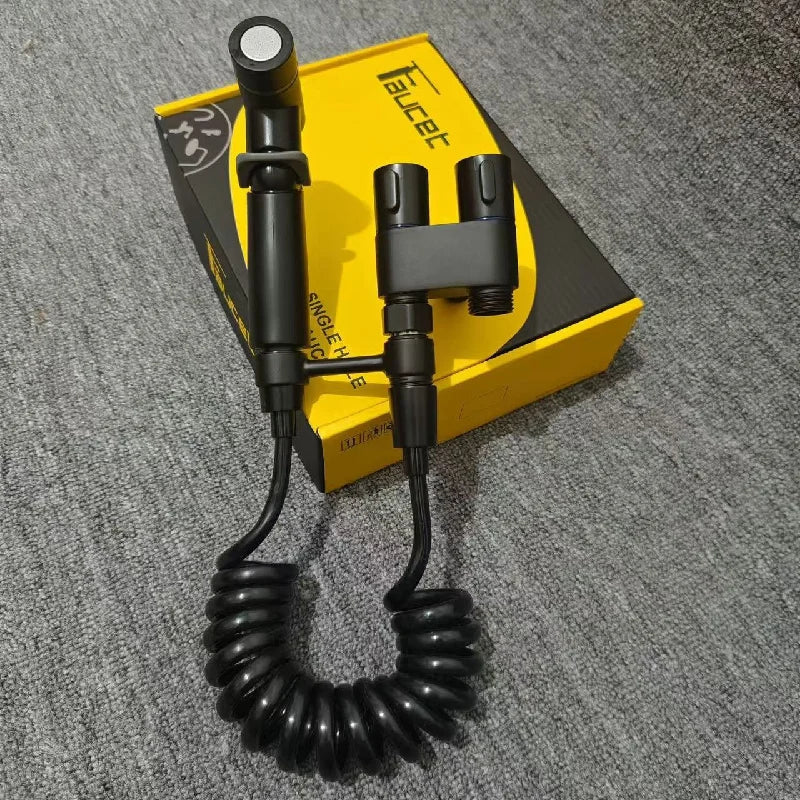 FanzyMarket portable handheld bidet sprayer set in black for personal hygiene and bathroom cleaning, with cold water nozzle.
