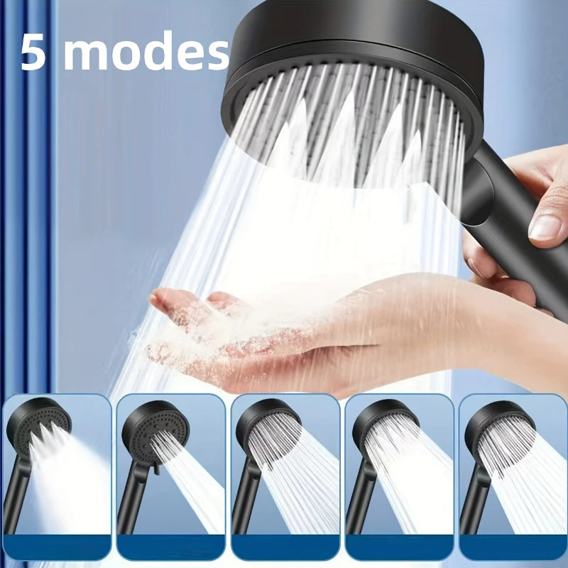 FanzyMarket 5-mode high-pressure handheld shower head with water-saving silicone nozzles, universal G1/2 fitting, black finish.