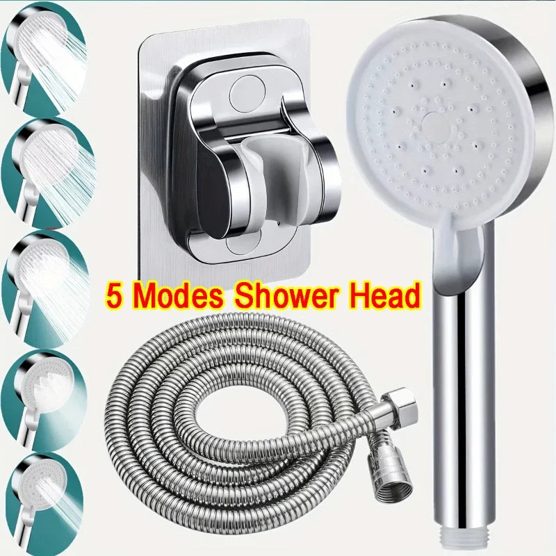 FanzyMarket black 5-mode handheld shower head with high pressure, water-saving nozzles, universal G1/2 fitting for bathroom plumbing.