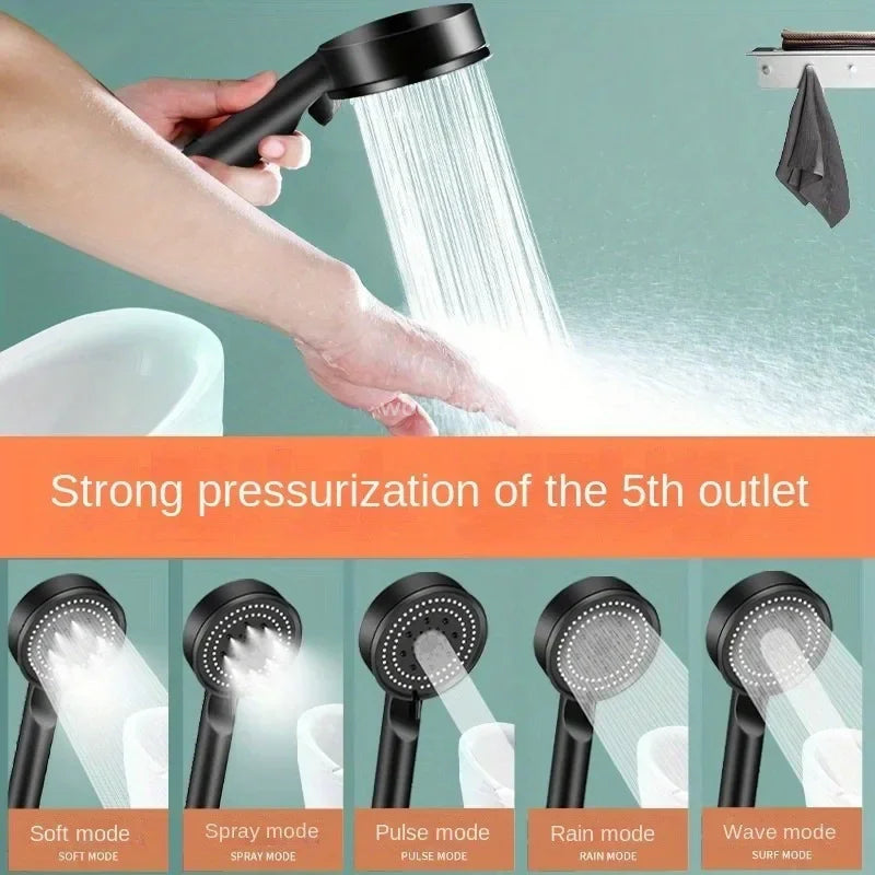 FanzyMarket 5-mode high-pressure handheld shower head with water-saving silicone nozzles, black finish, G1/2 universal fit.