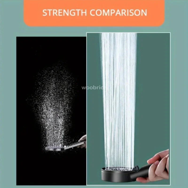 FanzyMarket 5-mode high-pressure handheld shower head with water-saving silicone nozzles, universal G1/2 fitting, black finish.