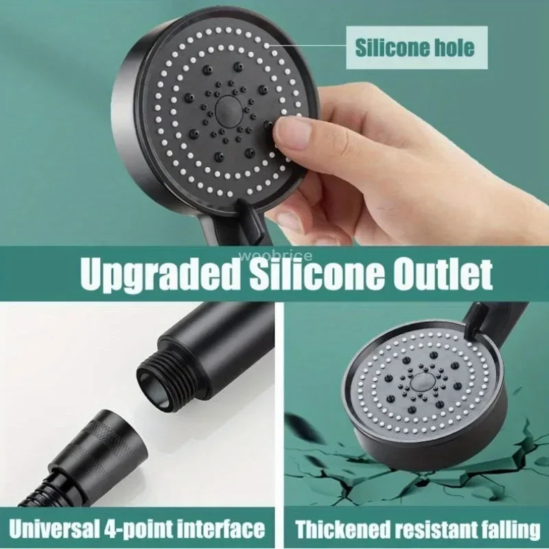 FanzyMarket 5-mode high-pressure handheld shower head with water-saving silicone nozzles, G1/2 universal connector, black finish.