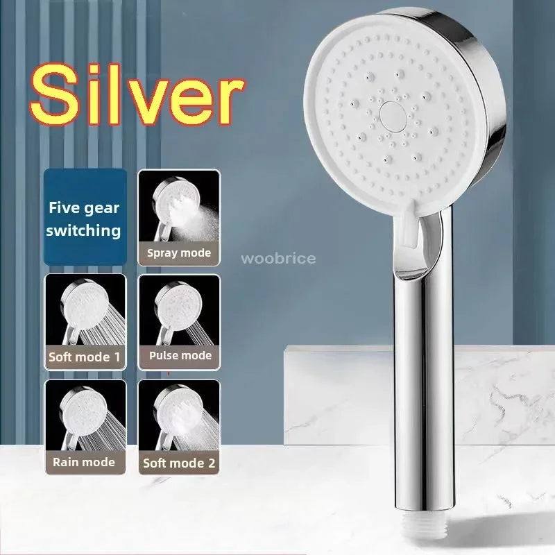 FanzyMarket 5-mode high pressure handheld shower head with water-saving silicone nozzles, universal G1/2 fitting, black finish.