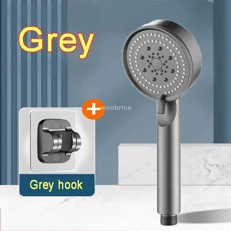FanzyMarket 5-mode high-pressure handheld shower head with water-saving silicone nozzles, universal G1/2 fitting, black finish.