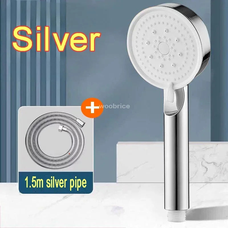 FanzyMarket 5-mode high-pressure handheld shower head with water-saving silicone nozzles, universal G1/2 fitting, black finish.