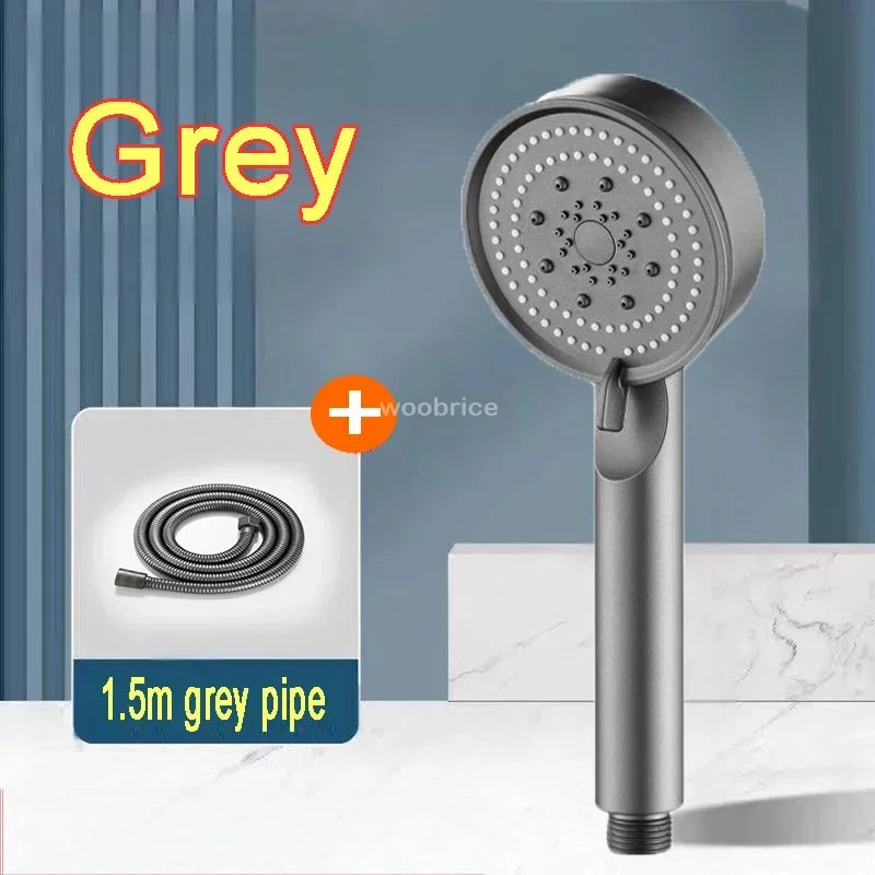 FanzyMarket 5-mode high pressure handheld shower head with water-saving silicone nozzles, universal G1/2 fitting, black finish.