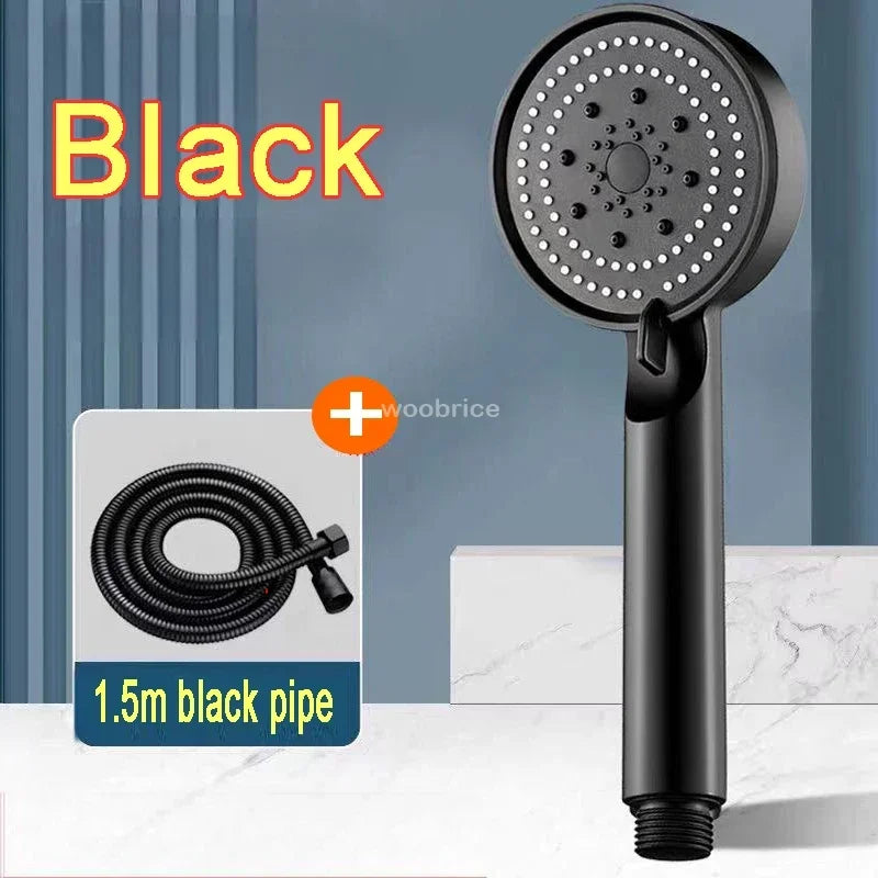 FanzyMarket 5-mode high-pressure handheld shower head with water-saving silicone nozzles, black finish, universal G1/2 fitting.