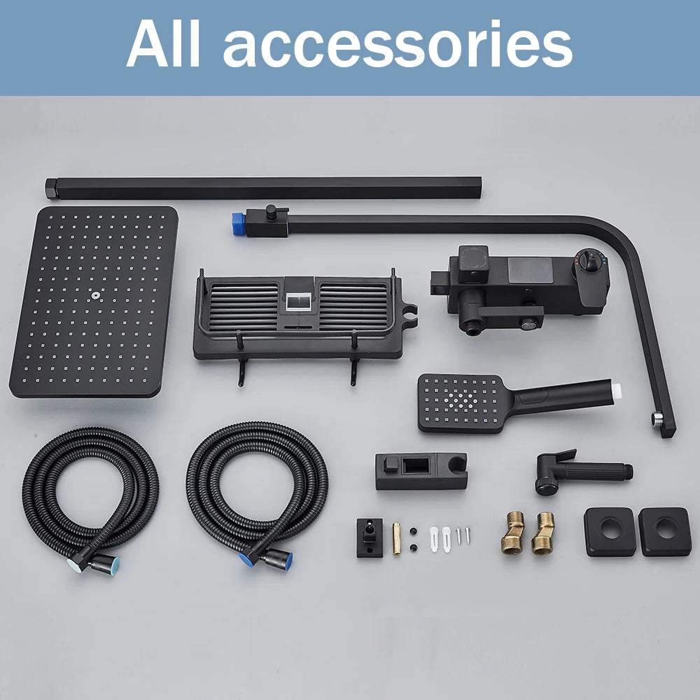 Black FanzyMarket digital thermostatic shower system with 10-inch rainfall head, 4-way mixer, slide bar, and bidet faucet.