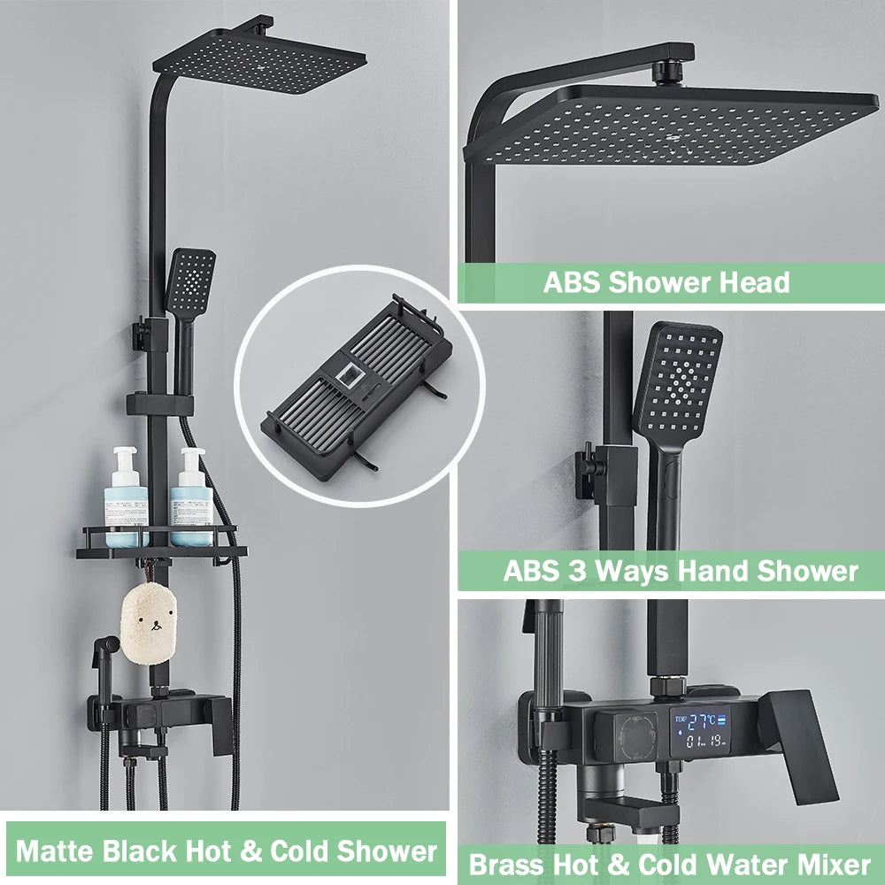 FanzyMarket black digital thermostatic shower system with 10-inch rainfall head, 4-way mixer, digital display, slide bar, and bidet faucet.