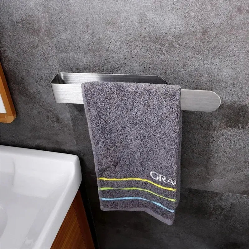 FanzyMarket stainless steel towel rack with 23cm or 37cm single brushed finish rod, no-drill adhesive bathroom and kitchen towel bar.