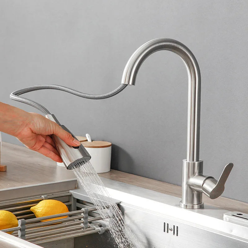 FanzyMarket 360° rotating telescopic pull-out kitchen faucet in brushed nickel with single-handle deck mount for versatile use