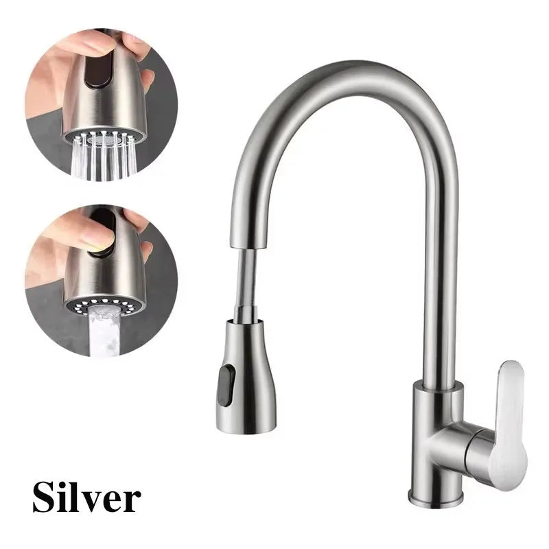 Brushed nickel 360° rotating telescopic pull-out kitchen faucet with single handle, deck mount, for modern home kitchen use.