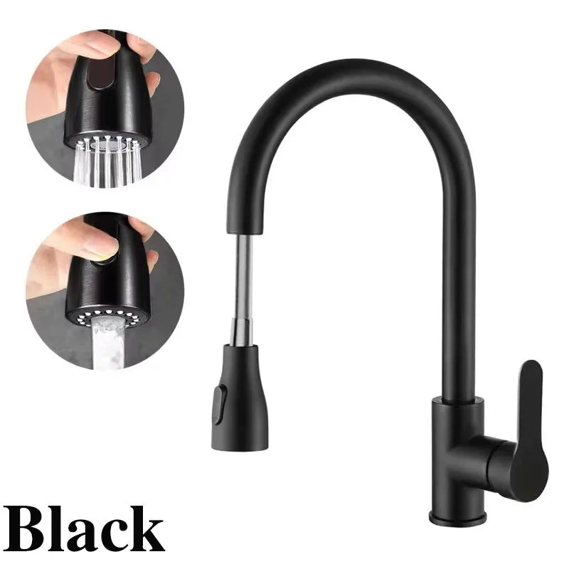 Brushed nickel 360° rotating telescopic pull-out kitchen faucet with single handle, deck mount, flexible for home and garden use.