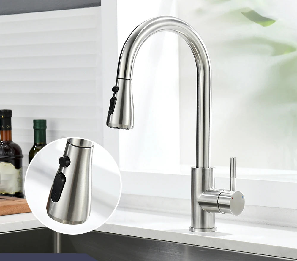 Brushed nickel 360° rotating telescopic pull-out kitchen faucet with single handle, deck mount, ideal for modern kitchens.