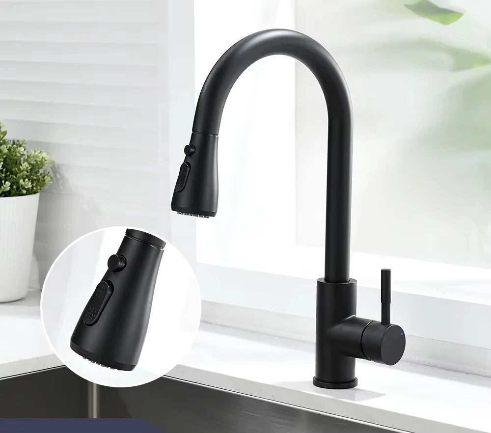 FanzyMarket 360° rotating telescopic pull-out kitchen faucet in brushed nickel with single handle and deck mount for modern kitchens.