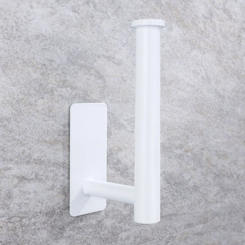 Brushed gold stainless steel wall mount paper holder with towel shelf, adhesive and nail-free design for bathroom storage.