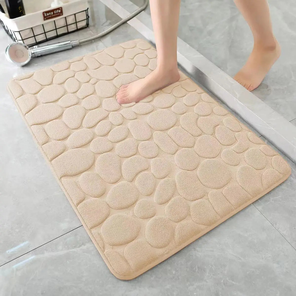 FanzyMarket 3D non-slip cobblestone bathroom mat, absorbent, quick-dry, machine washable door and floor doormat for bathroom safety.