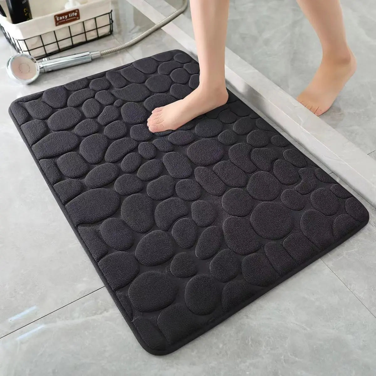 FanzyMarket 3D non-slip cobblestone bathroom mat, absorbent, quick-dry, machine washable, door and floor doormat for bathroom use.