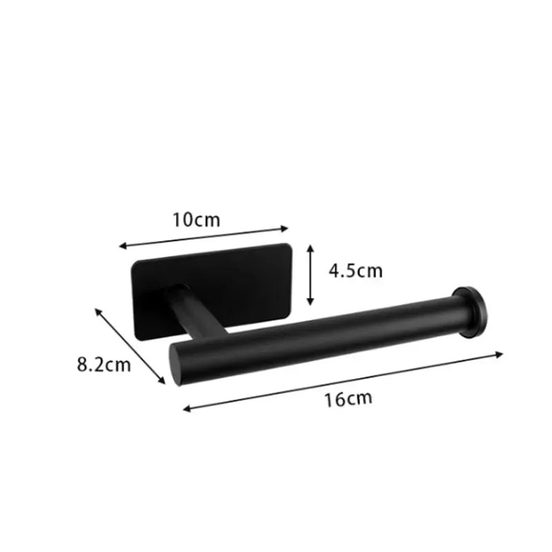 Matte black stainless steel toilet paper holder with self-adhesive mount, wall-mounted design for bathroom convenience.