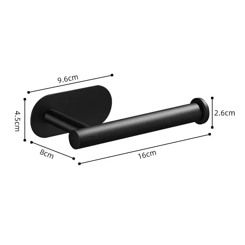 Matte black stainless steel toilet paper holder with self-adhesive backing, wall-mounted design for bathroom convenience.