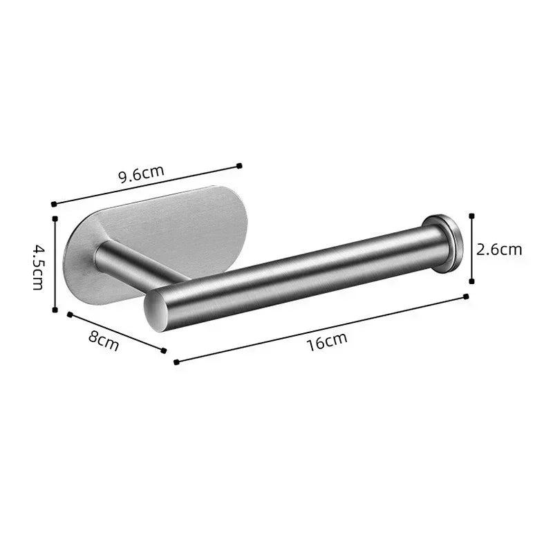 Matte black stainless steel toilet paper holder with self-adhesive mount, wall-mounted bathroom fixture by FanzyMarket.