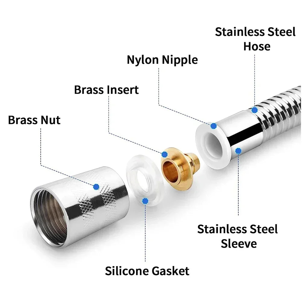 FanzyMarket 2M stainless steel shower hose extension with flexible water pipe, ideal for bathroom plumbing and shower setups.