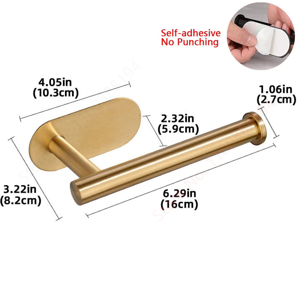 FanzyMarket stainless steel self-adhesive toilet paper holder, wall-mounted, no-drill, holds up to 30 cm tissue or towel, gold finish.