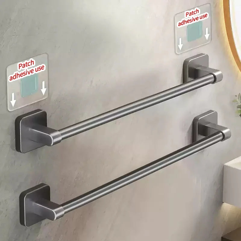 Gray no-drill adhesive towel bar wall-mount towel rack and hook for bathroom or kitchen, suitable for tile, glass, or smooth surfaces.