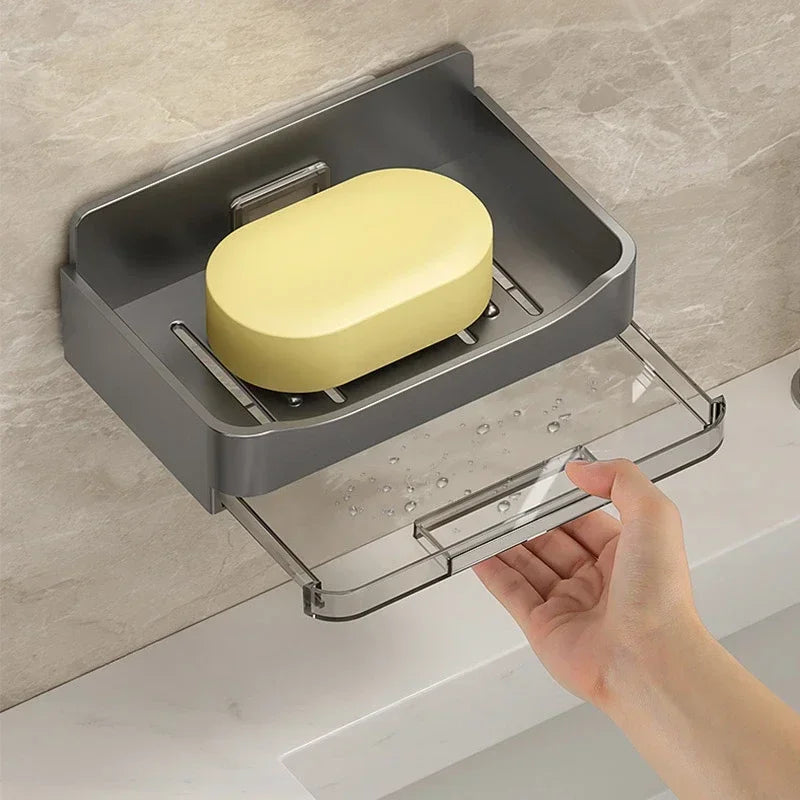 FanzyMarket wall-mounted soap and sponge holder, double-drain plastic soap dish in grey, compact bathroom storage accessory.