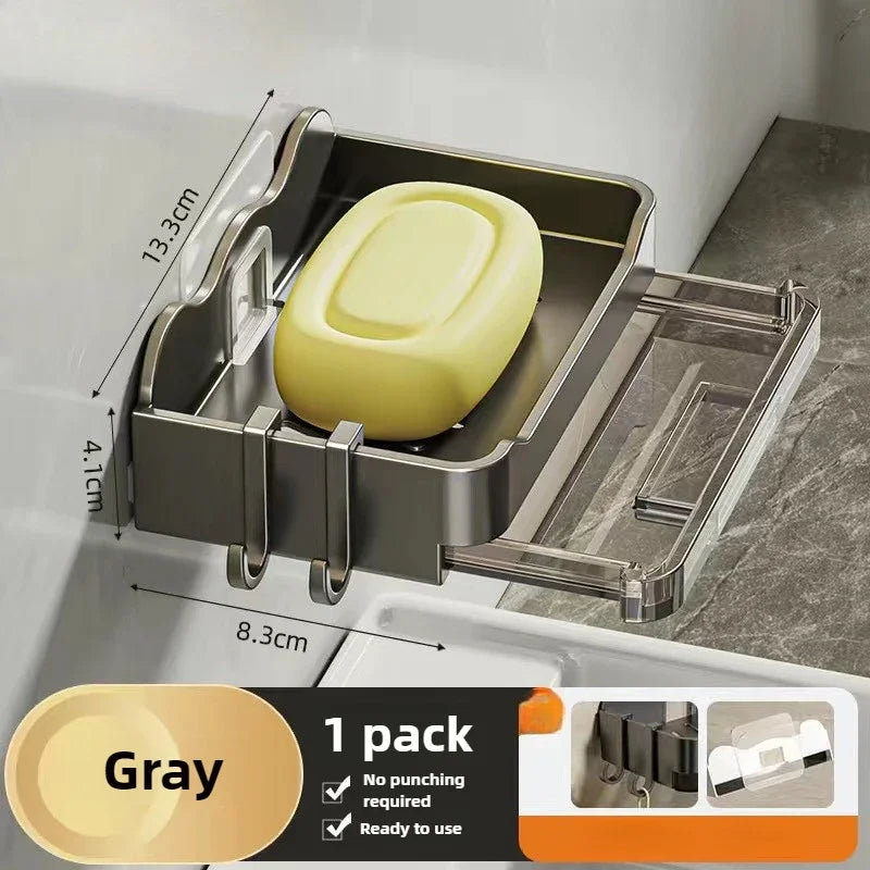 FanzyMarket wall-mounted soap and sponge holder with double-drain plastic dish, grey, compact bathroom accessory for kitchen or bathroom.