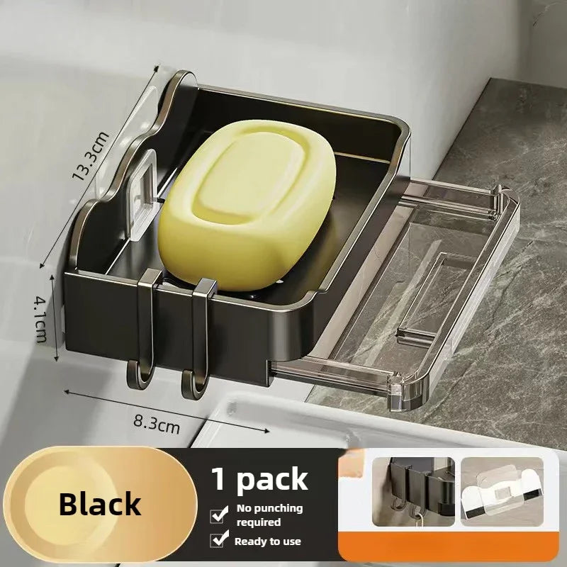 FanzyMarket wall-mounted soap and sponge holder with double-drain plastic soap dish, grey, 11.3x8.3x4.1 cm, suitable for bathroom use.