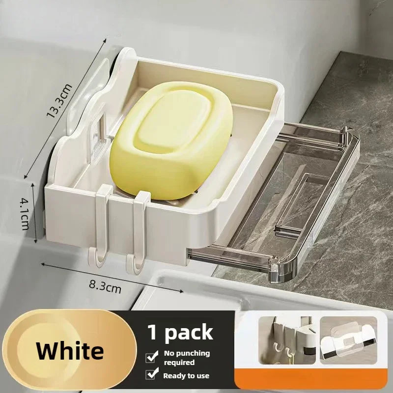 Wall-mounted FanzyMarket soap and sponge holder with double-drain plastic dish, grey color, measuring 11.3x8.3x4.1 cm.