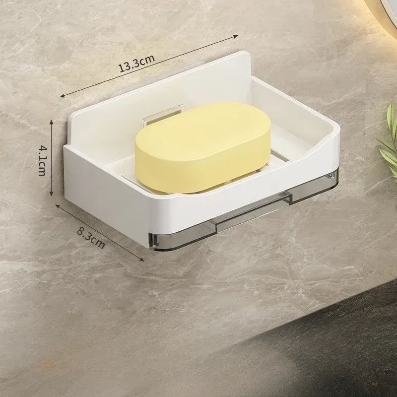 FanzyMarket wall-mounted soap and sponge holder with double-drain plastic dish, grey, 11.3×8.3×4.1 cm, for bathroom use