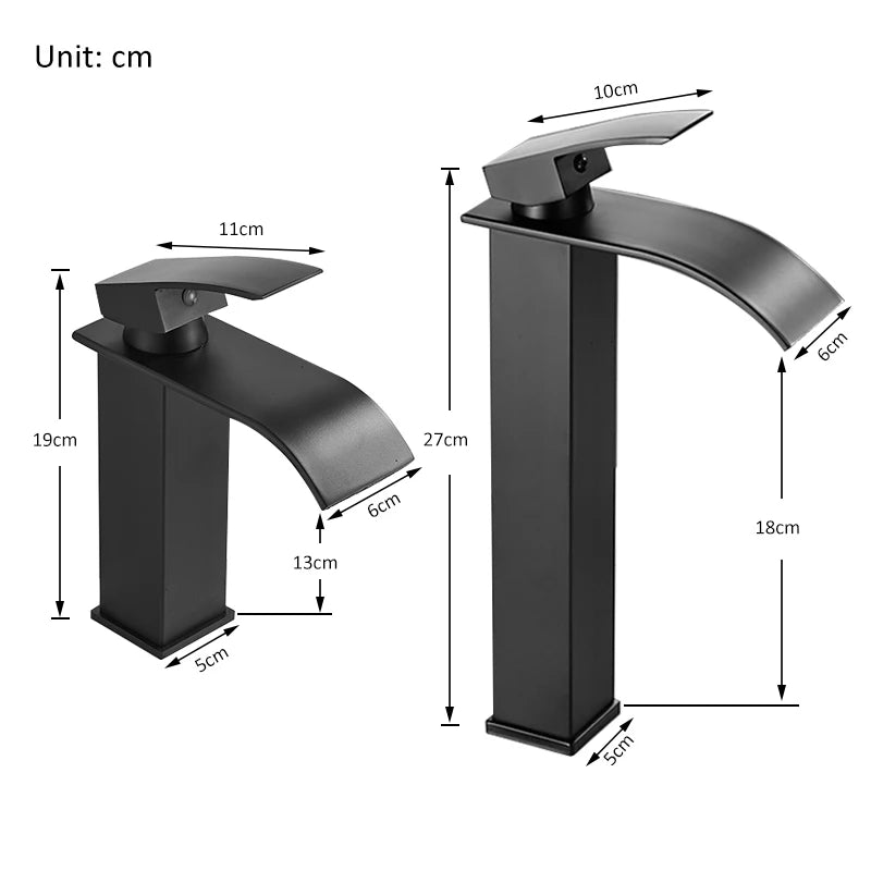 Matte black waterfall basin faucet by FanzyMarket, single-handle deck-mounted mixer tap for bathroom sink, hot and cold water.