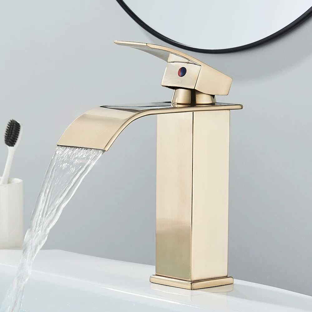Matte black waterfall basin faucet by FanzyMarket, deck-mounted single-handle mixer tap with hot and cold water for bathroom sink.