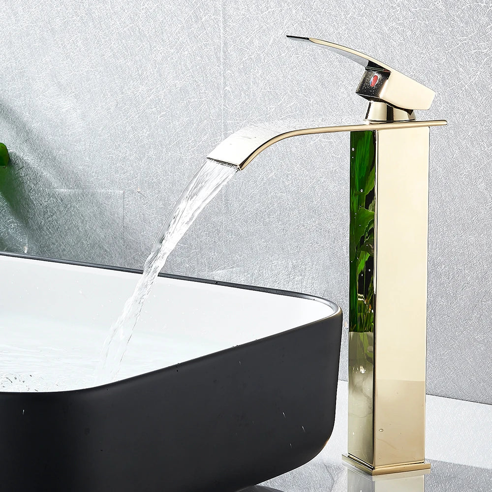 Matte black waterfall basin faucet by FanzyMarket, deck-mounted single-handle mixer tap for bathroom sink with hot and cold control.