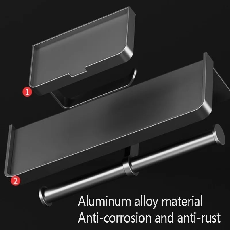 FanzyMarket aluminum toilet paper holder, wall-mounted, rust-resistant, no-drill or screw options, bathroom accessory with sleek black finish.