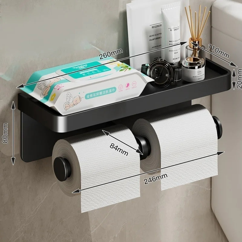 FanzyMarket no-drill aluminum toilet paper holder wall-mounted, adhesive or screw, rust-resistant bathroom tissue rack, black finish.