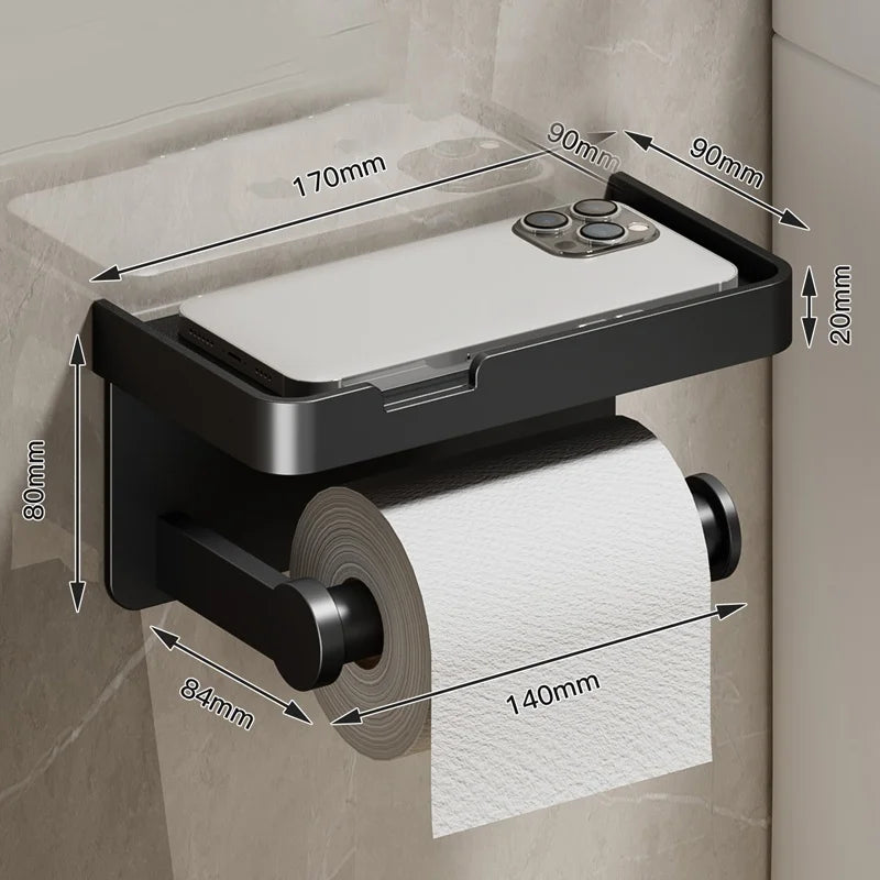 FanzyMarket no-drill aluminum toilet paper holder, wall-mounted, rust-resistant bathroom tissue rack with adhesive or screw installation.