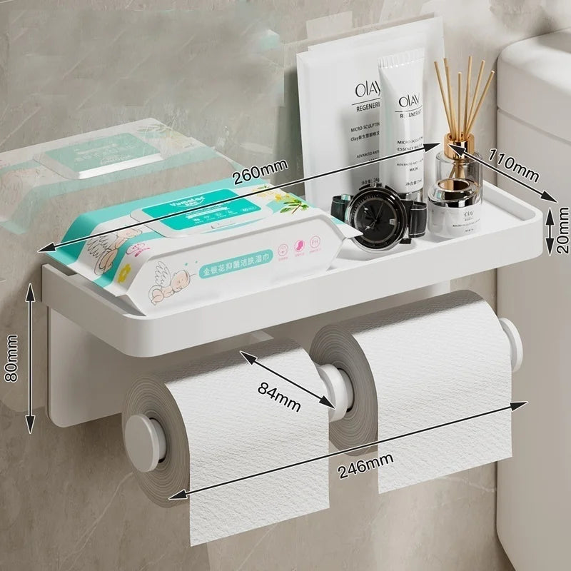 FanzyMarket no-drill aluminum toilet paper holder, wall-mounted, rust-resistant bathroom accessory with adhesive or screw installation.