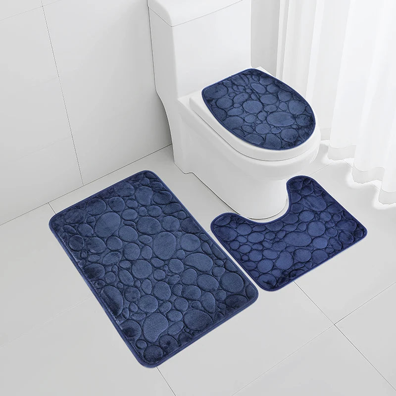 FanzyMarket 3-piece microfiber bath mat set with khaki striped design, water-absorbent and non-slip bathroom rugs.