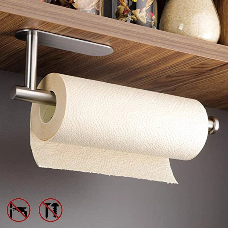 Stainless steel no-drill adhesive toilet paper holder mounted on bathroom wall with roll holder and towel rack.