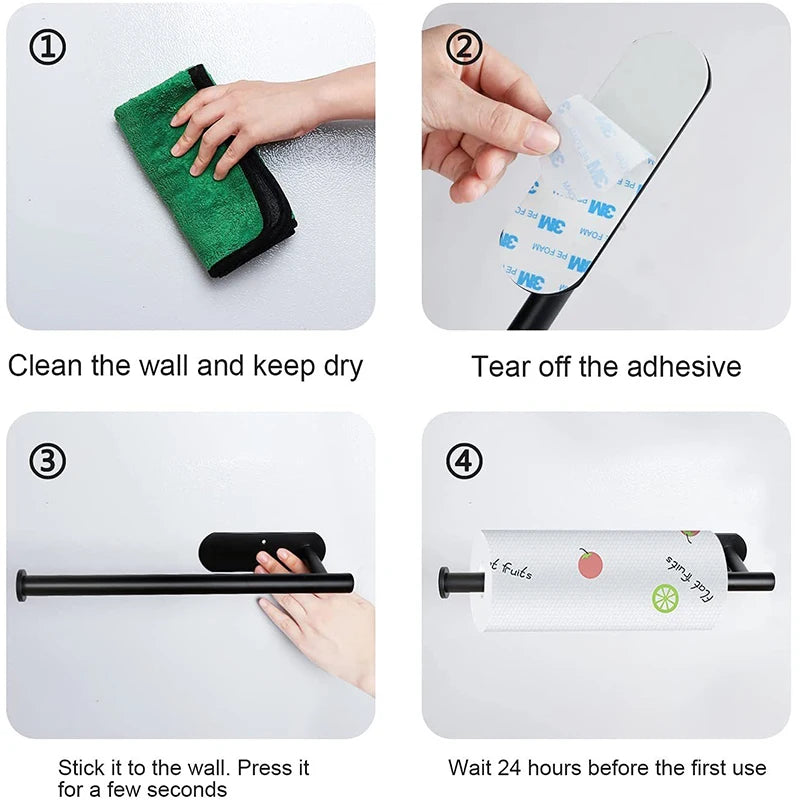 FanzyMarket stainless steel no-drill adhesive toilet paper holder wall mount in bathroom and kitchen, with roll and towel rack.